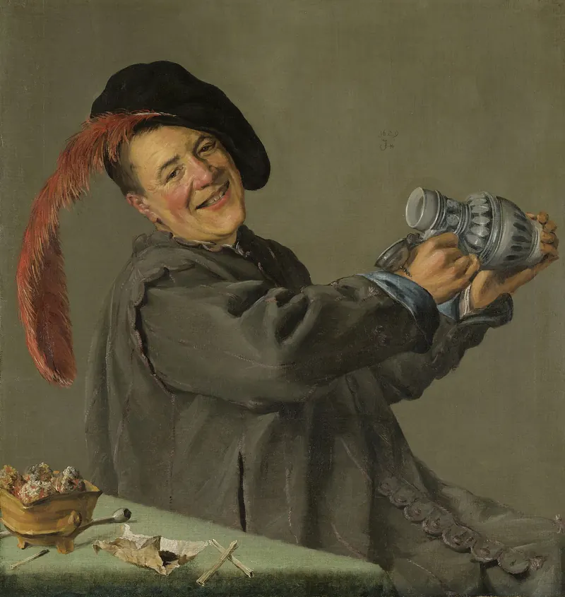 De vrolijke drinker van Judith Leyster: een lachende man met een zwarte baret en rode veer houdt een lege stenen kan schuin omhoog; op tafel liggen een pijp en een komfoortje.
